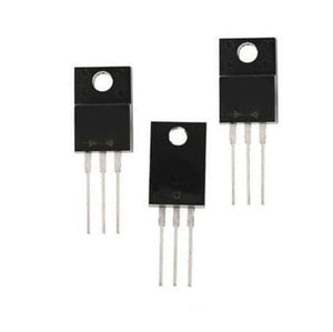 MOSFET 12N60 600V 12A MOSFET N-channel Transistor ( used ) - three black electronic components with three metal pins each arranged in a vertical layout against a white background.