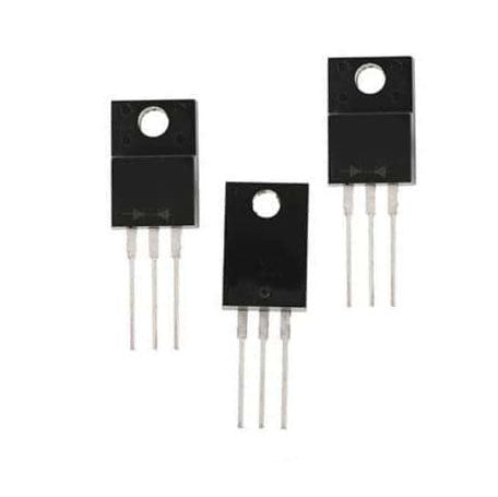 MOSFET 12N60 600V 12A MOSFET N-channel Transistor ( used ) - three black electronic components with three metal pins each arranged in a vertical layout against a white background.