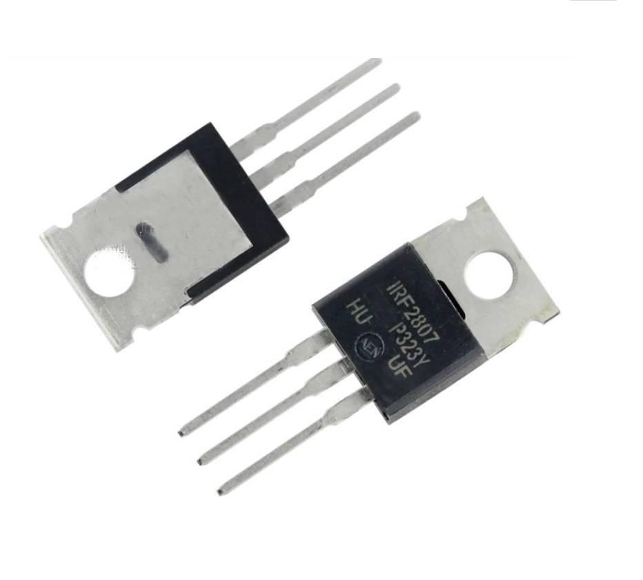 MOSFET Irf 2807 Channel Powermosfet Irf 2807 Channel Power USED - two used black and silver power transistors with three metal pins and a mounting hole, shown from front and back views.