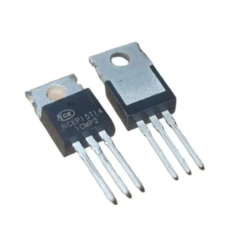 MOSFET NCE15T14 - High-Performance N-Channel Power MOSFET New Orignal - two black N-channel power transistors in TO-220 packages with three metal pins and a mounting hole, shown from front and back.