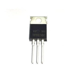MOSFET transistor K100E08N1 - a black electronic component with three metal pins and a mounting hole, shown from the front against a white background.