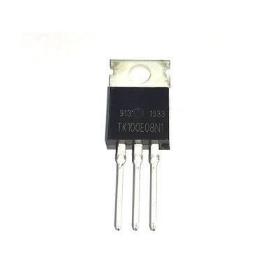 MOSFET transistor K100E08N1 - a black electronic component with three metal pins and a mounting hole, shown from the front against a white background.