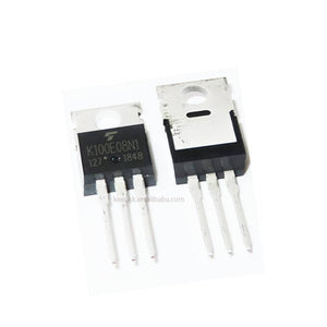 MOSFET transistor K100E08N1 - two black electronic components with three metal pins and a mounting hole in a TO-220 package.