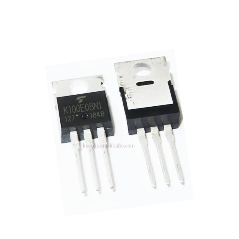 MOSFET transistor K100E08N1 - two black electronic components with three metal pins and a mounting hole in a TO-220 package.