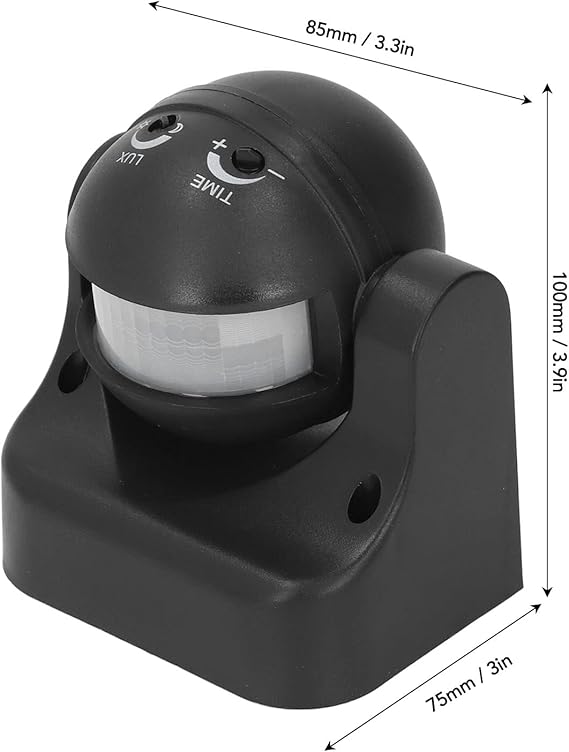 Motion Sensor Detector, Easy Installation Energy Saving Infrared PIR Motion Sensor high quality - shown as a black, spherical infrared PIR sensor with two adjustment knobs labeled LUX and TIME, including dimension annotations.