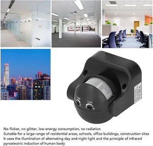 Motion Sensor Detector, Easy Installation Energy Saving Infrared PIR Motion Sensor high quality - a black infrared PIR sensor with adjustable Time and Lux dials, shown alongside four lifestyle images of office and city settings.