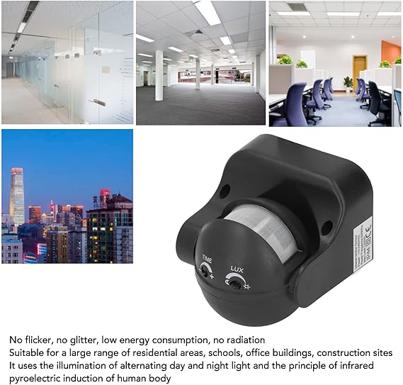 Motion Sensor Detector, Easy Installation Energy Saving Infrared PIR Motion Sensor high quality - a black infrared PIR sensor with adjustable Time and Lux dials, shown alongside four lifestyle images of office and city settings.