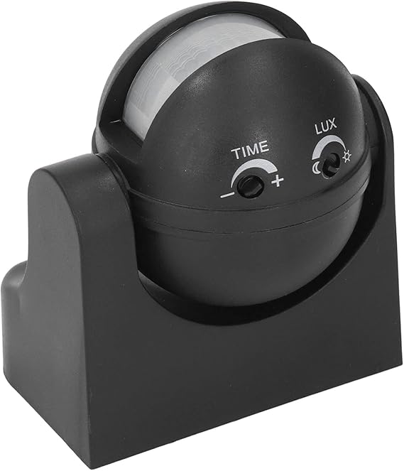 Motion Sensor Detector, Easy Installation Energy Saving Infrared PIR Motion Sensor high quality - a black spherical infrared PIR sensor with adjustable TIME and LUX control knobs on its front face.