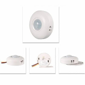 Motion Sensor Detector LED Light Switch TDL-9958J - shown in four views, featuring a white circular housing, a central sensor lens, and side adjustment ports.