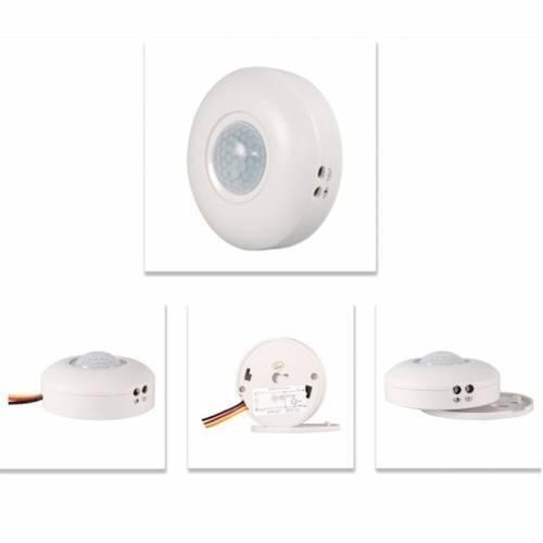 Motion Sensor Detector LED Light Switch TDL-9958J - shown in four views, featuring a white circular housing, a central sensor lens, and side adjustment ports.