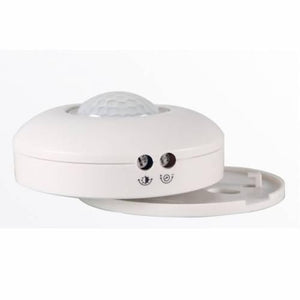 Motion Sensor Detector LED Light Switch TDL-9958J - a white circular sensor with a dome lens and two adjustment knobs on the side, shown with its base plate.