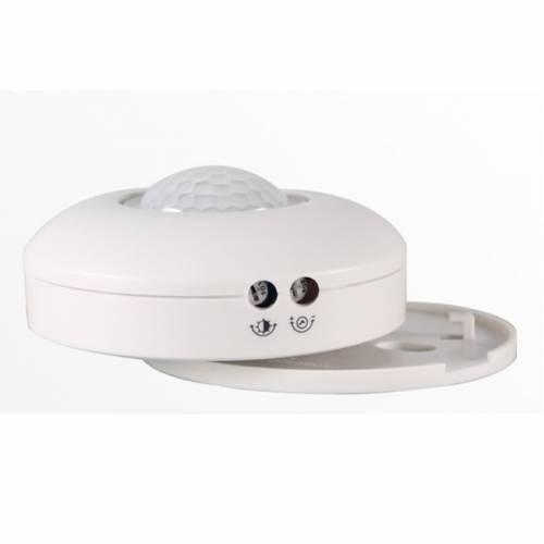 Motion Sensor Detector LED Light Switch TDL-9958J - a white circular sensor with a dome lens and two adjustment knobs on the side, shown with its base plate.