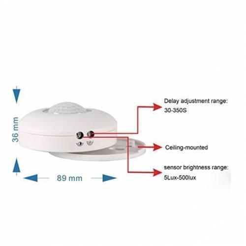 Motion Sensor Detector LED Light Switch TDL-9958J - a white circular ceiling-mounted sensor with two adjustment knobs and dimension labels on a white background.