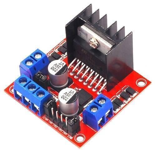 Motor Driver Module L298N For Arduino Dual h Bridge Motor Driver - a red circuit board with a black heat sink, blue screw terminals, two cylindrical capacitors, and pins.