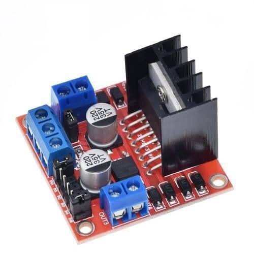 Motor Driver Module L298N For Arduino Dual h Bridge Motor Driver - a red circuit board featuring a black heatsink, three blue screw terminal blocks, capacitors, and multiple pin headers.