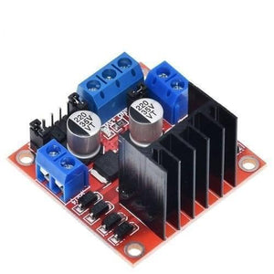 Motor Driver Module L298N For Arduino Dual h Bridge Motor Driver - a red circuit board featuring blue screw terminals, two cylindrical capacitors, a black heat sink, and a black header pin row.