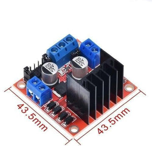 Motor Driver Module L298N For Arduino Dual h Bridge Motor Driver - shown as a red circuit board with a black heatsink, blue screw terminals, two cylindrical capacitors, and dimension labels.