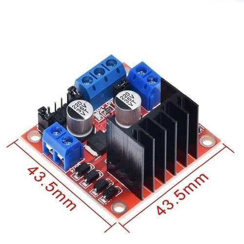 Motor Driver Module L298N For Arduino Dual h Bridge Motor Driver - shown as a red circuit board with a black heatsink, blue screw terminals, two cylindrical capacitors, and dimension labels.