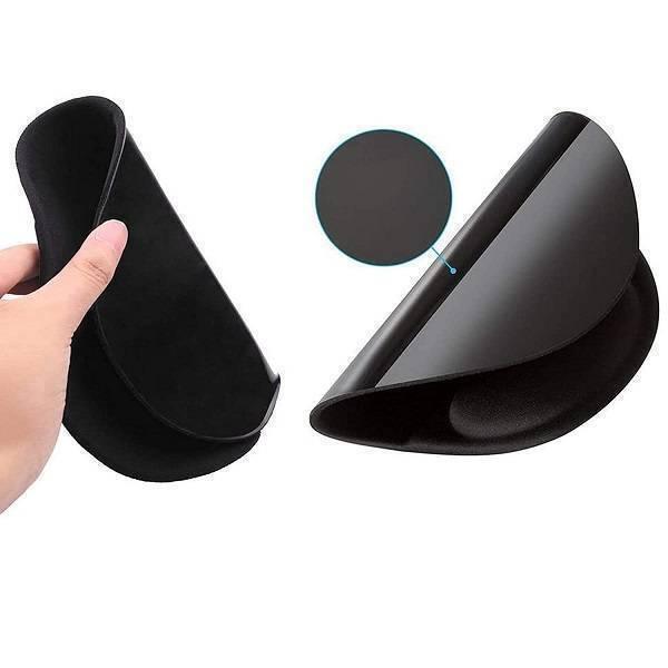 Mouse Pad With Gel Wrist Support Soft Ergonomic Mousepad H-02 - shown from two angles, featuring a flexible black surface and a circular close-up detail.