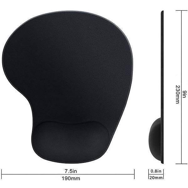 Mouse Pad With Gel Wrist Support Soft Ergonomic Mousepad H-02 - shown from top and side angles with dimension labels for length, width, and height.