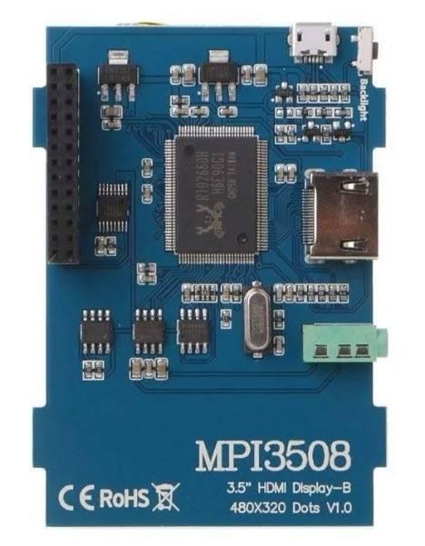 MP13508 3.5 Inch HDMI USB Touch Screen Real HD LCD Display For Raspberry Pi 3/2/b+/b/a+ - a blue circuit board featuring a central processor, an HDMI port, a micro-USB port, a header, and a green terminal block.