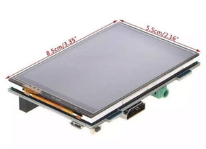 MP13508 3.5 Inch HDMI USB Touch Screen Real HD LCD Display For Raspberry Pi 3/2/b+/b/a+ - a rectangular LCD display with red dimension lines, a side-mounted HDMI port, and a micro-USB port.