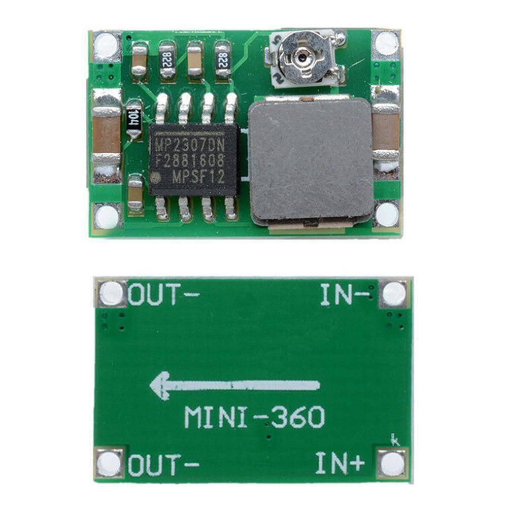MP2307 Mini 360 DC To DC Step Down Buck Converter Module - shown from the top and bottom, featuring a green PCB, a potentiometer, and labeled connection pads.