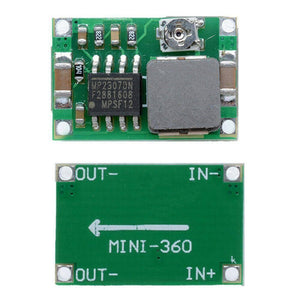MP2307 Mini 360 DC To DC Step Down Buck Converter Module - shown from the top and bottom, featuring a green PCB, a potentiometer, and labeled connection pads.