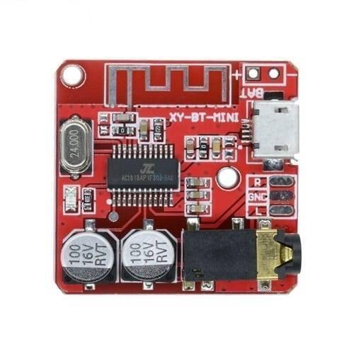 MP3 Bluetooth 4.1 5V Decoder Car Speaker Audio Stereo Amplifier Board Module - a square red circuit board featuring a micro USB port, a 3.5mm audio jack, two capacitors, and an antenna.
