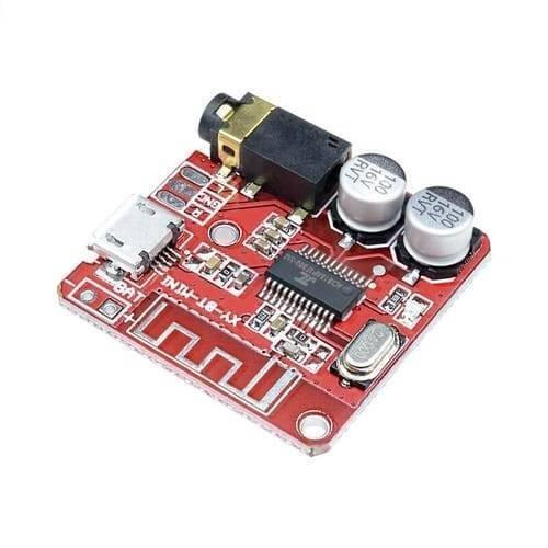 MP3 Bluetooth 4.1 5V Decoder Car Speaker Audio Stereo Amplifier Board Module - a red circuit board with a micro USB port, a 3.5mm audio jack, two capacitors, and an integrated antenna.