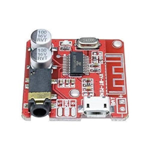MP3 Bluetooth 4.1 5V Decoder Car Speaker Audio Stereo Amplifier Board Module - a red square circuit board featuring a micro USB port, a 3.5mm audio jack, two capacitors, and a Bluetooth antenna.