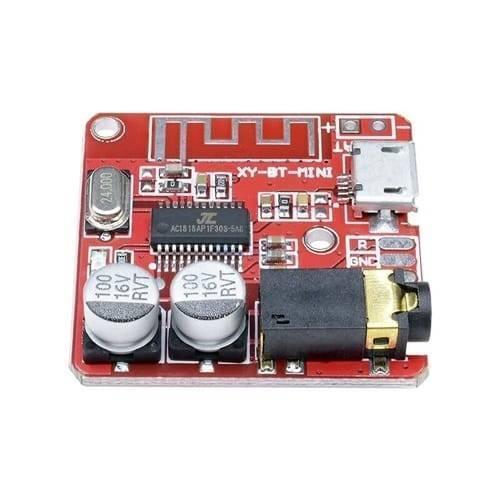 MP3 Bluetooth 4.1 5V Decoder Car Speaker Audio Stereo Amplifier Board Module - a red rectangular circuit board featuring a micro-USB port, a 3.5mm audio jack, and two cylindrical capacitors.