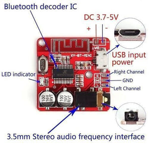 MP3 Bluetooth 4.1 5V Decoder Car Speaker Audio Stereo Amplifier Board Module - a red circuit board with a micro USB port, 3.5mm audio jack, and labeled connection points for power and audio output.