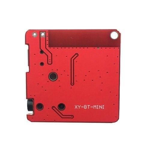 MP3 Bluetooth 4.1 5V Decoder Car Speaker Audio Stereo Amplifier Board Module - a red square-shaped circuit board with an audio jack port and the text XY-BT-MINI printed on the surface.
