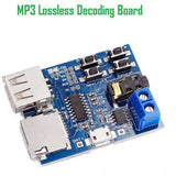 MP3 Lossless Decoders Amplifier Audio TF Card USB Module Board - a blue circuit board with a USB port, TF card slot, micro-USB port, four push buttons, and a speaker connector.