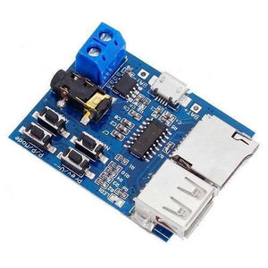 MP3 Lossless Decoders Amplifier Audio TF Card USB Module Board - a blue circuit board with a micro USB port, USB slot, TF card slot, and buttons.