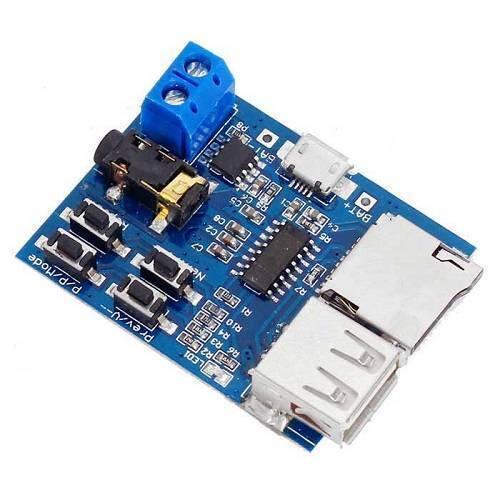 MP3 Lossless Decoders Amplifier Audio TF Card USB Module Board - a blue circuit board with a micro USB port, USB slot, TF card slot, and buttons.
