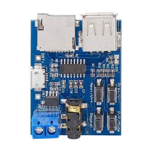MP3 Lossless Decoders Amplifier Audio TF Card USB Module Board - a blue circuit board with a micro USB port, TF slot, USB port, and four buttons.