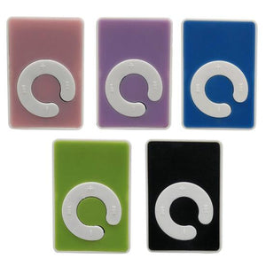 MP3 Music Player With Handsfree - shown in five colors: pink, purple, blue, green, and black, each featuring a white circular control pad with icons.