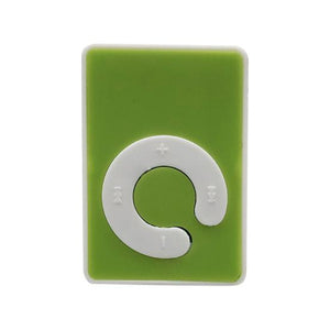 MP3 Music Player With Handsfree - a rectangular green device featuring a white circular control pad with volume, track skip, and play/pause symbols.