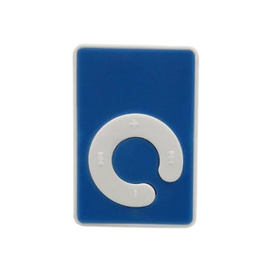 MP3 Music Player With Handsfree - a rectangular blue music player featuring a white circular control pad with playback and volume symbols.