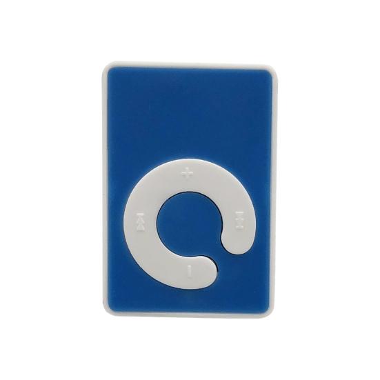 MP3 Music Player With Handsfree - a rectangular blue music player featuring a white circular control pad with playback and volume symbols.
