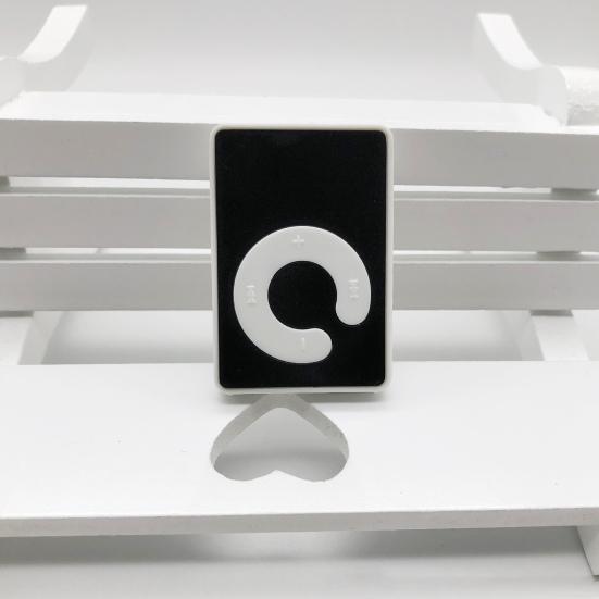 MP3 Music Player With Handsfree - small rectangular black device with a white C-shaped control panel featuring playback and volume symbols.