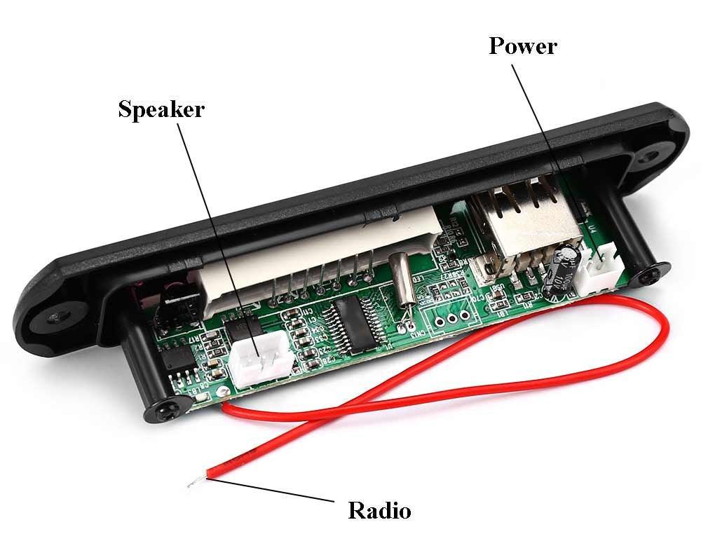 MP3 Player Amplifier Panel LED 5V Audio Module Support Fm Radio USB Tf Aux Remote No Bluetooth - a black rectangular circuit board with a USB port, speaker connector, and a red radio antenna wire.