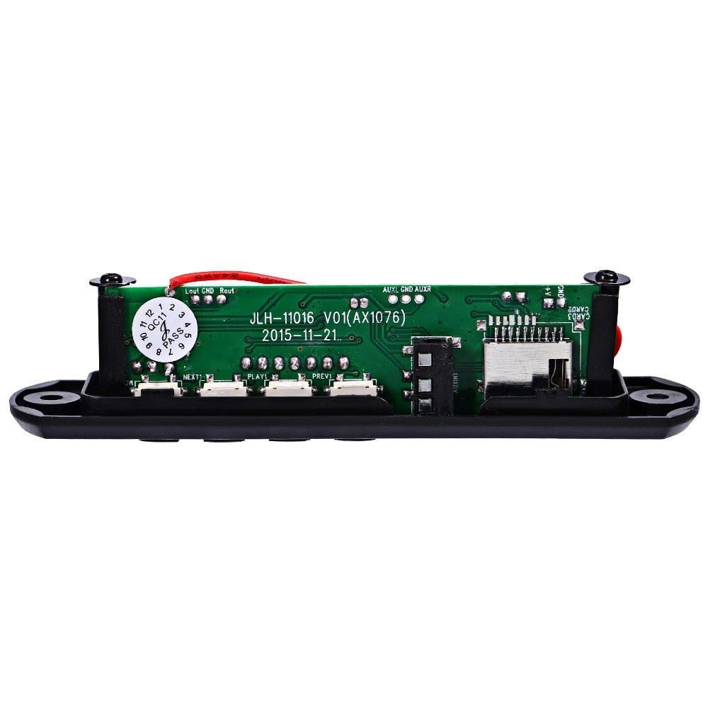 MP3 Player Amplifier Panel LED 5V Audio Module Support Fm Radio USB Tf Aux Remote No Bluetooth - a green circuit board with three white buttons, a black housing, a TF card slot, and audio output ports.