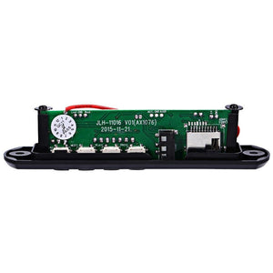 MP3 Player Amplifier Panel LED 5V Audio Module Support Fm Radio USB Tf Aux Remote No Bluetooth - a green circuit board with three white buttons, a black housing, a TF card slot, and audio output ports.