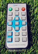 MP5 Remote control MP4 Video Player Remote Price - a rectangular grey remote with a blue navigation cross, volume buttons, and playback controls on grass.