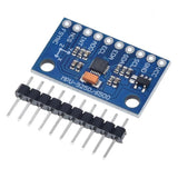 MPU9250 GY-6500 6-AXIS 6DOF Accelerometer, Gyroscope, Digital Motion Processor Sensor Module - a blue rectangular circuit board with ten pin holes and a separate black ten-pin header strip laying in front.