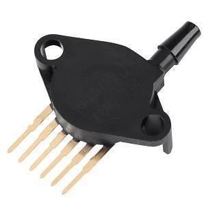 MPX5700AP MPX5700 ABS 6-sip Pressure Sensor - a black, flat, oval-shaped component with a single top nozzle and six gold-colored pins extending from the bottom side.