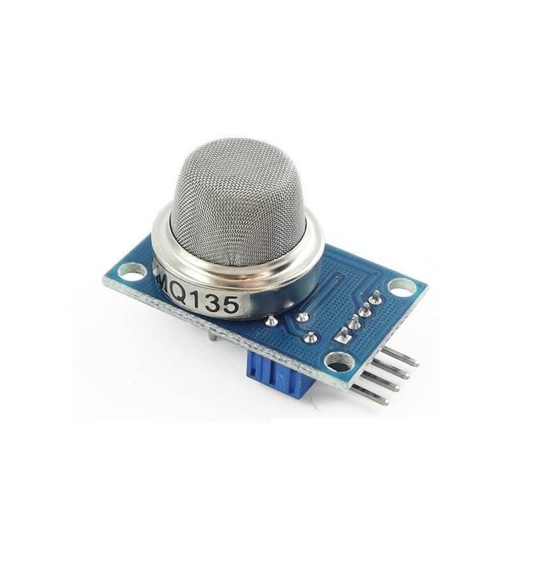 MQ135 Air Quality Detector Sensor Module - a silver metallic sensor head on a blue circuit board with four output pins and a blue potentiometer.